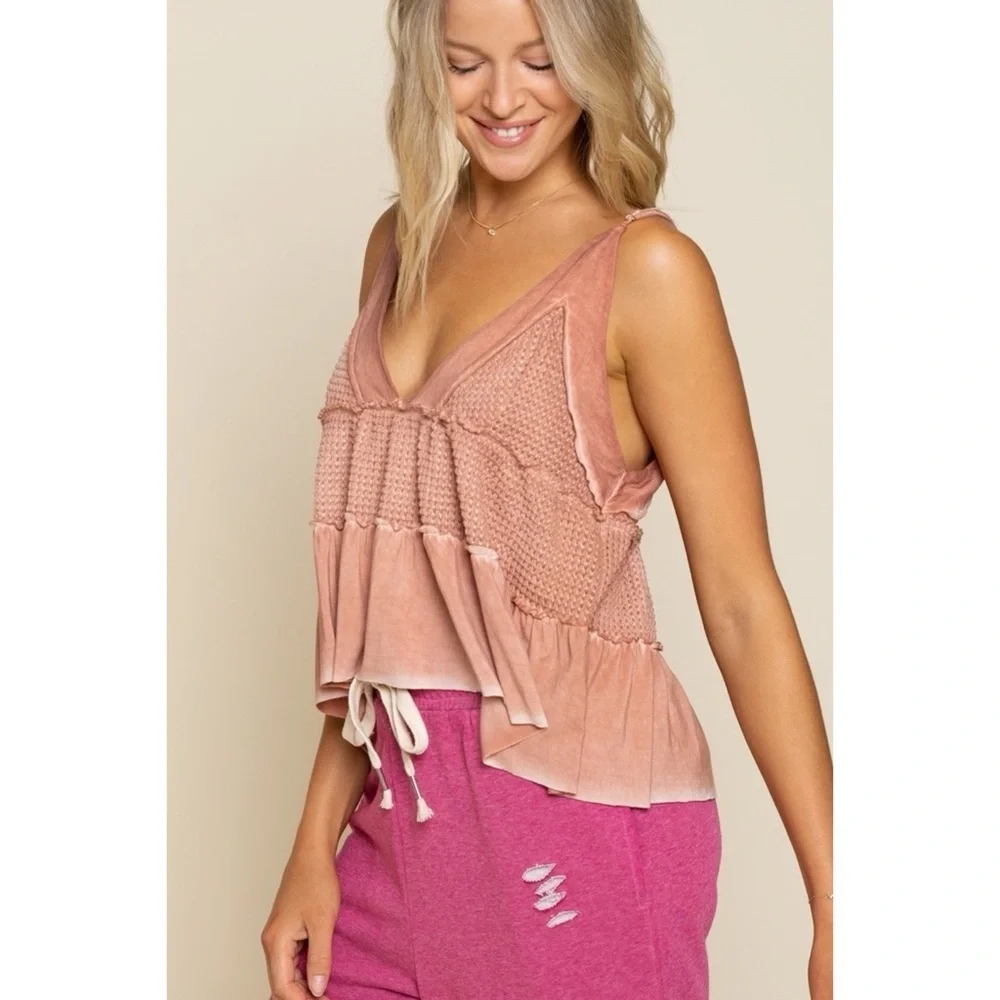 POL Warm Pink Waffle Knit Babydoll Tank Top